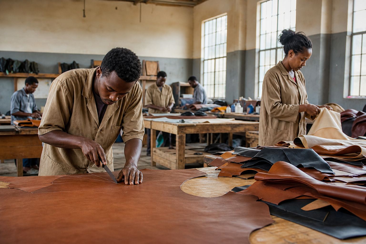 Artisans at work in an Ethiopian leather and textile workshop