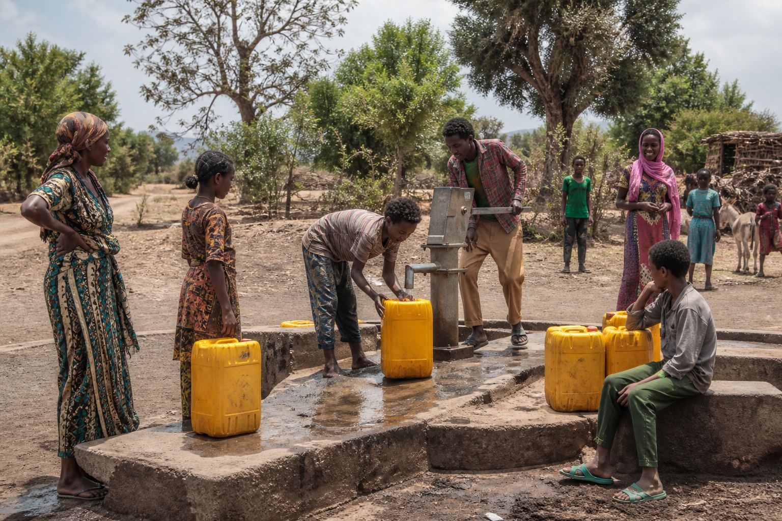 Community members collecting clean water in rural Ethiopia